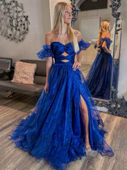 Shimmering Organza Prom Dresses 2025 Off the Shoulder Puffed Sleeve Formal Gown with Slit - FD5137