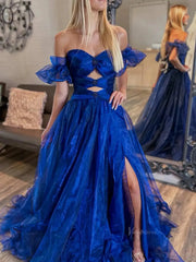 Shimmering Organza Prom Dresses 2025 Off the Shoulder Puffed Sleeve Formal Gown with Slit - FD5137