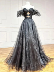 Shimmering Organza Prom Dresses 2025 Off the Shoulder Puffed Sleeve Formal Gown with Slit - FD5137
