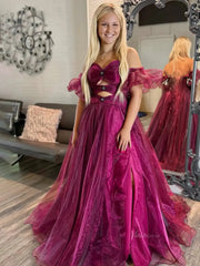 Shimmering Organza Prom Dresses 2025 Off the Shoulder Puffed Sleeve Formal Gown with Slit - FD5137