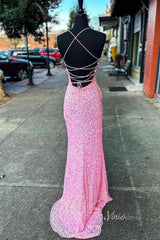 Shimmering Pink Sequin Mermaid Prom Dress with Spaghetti Straps and High Slit FD3461