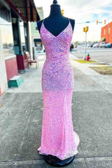Shimmering Pink Sequin Mermaid Prom Dress with Spaghetti Straps and High Slit FD3461