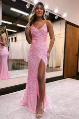 Shimmering Pink Sequin Mermaid Prom Dress with Spaghetti Straps and High Slit FD3461