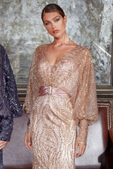 Cinderella Divine J821 Shimmering Puff Sleeve Long Prom Dress