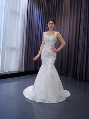 Shimmering Sequin Mermiad Wedding Dresses with Detachable Train and Spaghetti Strap 231049