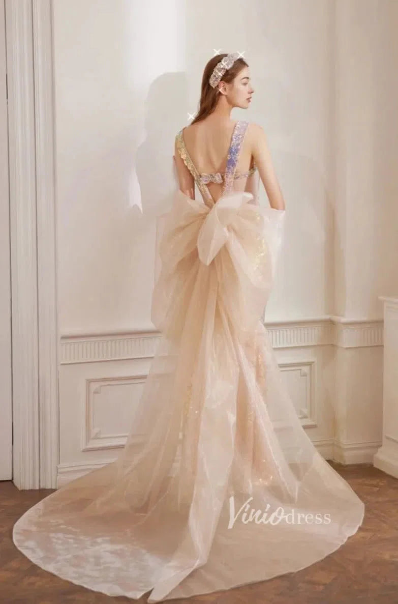 Shimmery Mermaid Prom Dresses with Removable Bow FD1185