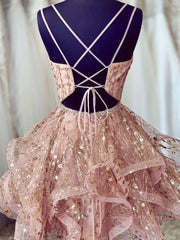 Brillant une ligne V Neck Courts de champ de champ de champagne courts, robes de cocktails de maison de dentelle courte en dentelle de champagne