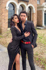 Shiny Black Deep V Neck Long Sleeves Prom Dresses