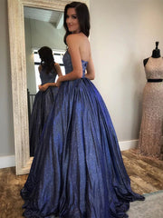 Shiny Halter Neck Backless Dark Blue Long Prom Dresses with Pocket, Backless Blue Formal Graduation Evening Dresses