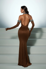 Shiny Halter Sequined Black Prom Dress Mermaid with Crystals