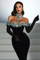Shiny Halter Sequined Black Prom Dress Mermaid with Crystals