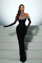 Shiny Halter Sequined Black Prom Dress Mermaid with Crystals