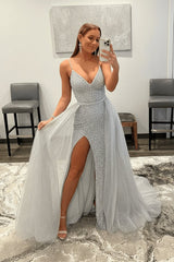 Shiny Pink Sequins V Neck Mermaid Prom Dresses High Slit Sleeveless with Detachable Train