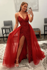 Shiny Pink Sequins V Neck Mermaid Prom Dresses High Slit Sleeveless with Detachable Train