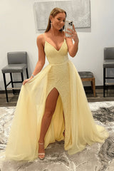 Shiny Pink Sequins V Neck Mermaid Prom Dresses High Slit Sleeveless with Detachable Train