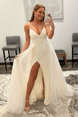 Shiny Pink Sequins V Neck Mermaid Prom Dresses High Slit Sleeveless with Detachable Train