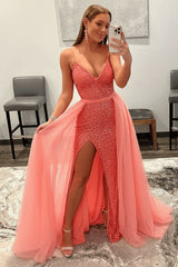 Shiny Pink Sequins V Neck Mermaid Prom Dresses High Slit Sleeveless with Detachable Train