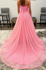 Shiny Pink Sequins V Neck Mermaid Prom Dresses High Slit Sleeveless with Detachable Train