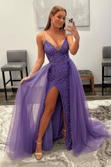 Shiny Pink Sequins V Neck Mermaid Prom Dresses High Slit Sleeveless with Detachable Train