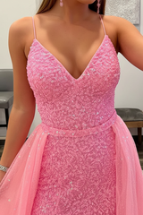 Shiny Pink Sequins V Neck Mermaid Prom Dresses High Slit Sleeveless with Detachable Train