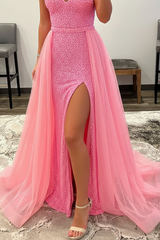 Shiny Pink Sequins V Neck Mermaid Prom Dresses High Slit Sleeveless with Detachable Train