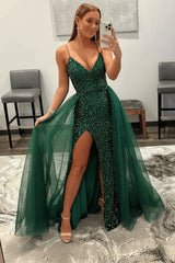 Shiny Pink Sequins V Neck Mermaid Prom Dresses High Slit Sleeveless with Detachable Train
