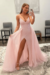 Shiny Pink Sequins V Neck Mermaid Prom Dresses High Slit Sleeveless with Detachable Train