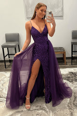 Shiny Pink Sequins V Neck Mermaid Prom Dresses High Slit Sleeveless with Detachable Train