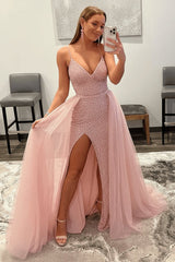 Shiny Pink Sequins V Neck Mermaid Prom Dresses High Slit Sleeveless with Detachable Train