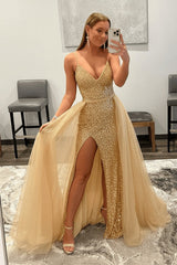 Shiny Pink Sequins V Neck Mermaid Prom Dresses High Slit Sleeveless with Detachable Train