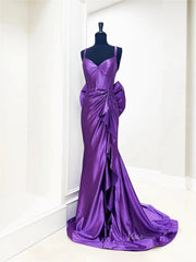 Shiny Purple Satin Mermaid Prom Dress | Backless Gown with Ruffled Slit & Bow Tail – FD6045