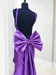Shiny Purple Satin Mermaid Prom Dress | Backless Gown with Ruffled Slit & Bow Tail – FD6045