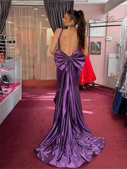 Shiny Purple Satin Mermaid Prom Dress | Backless Gown with Ruffled Slit & Bow Tail – FD6045