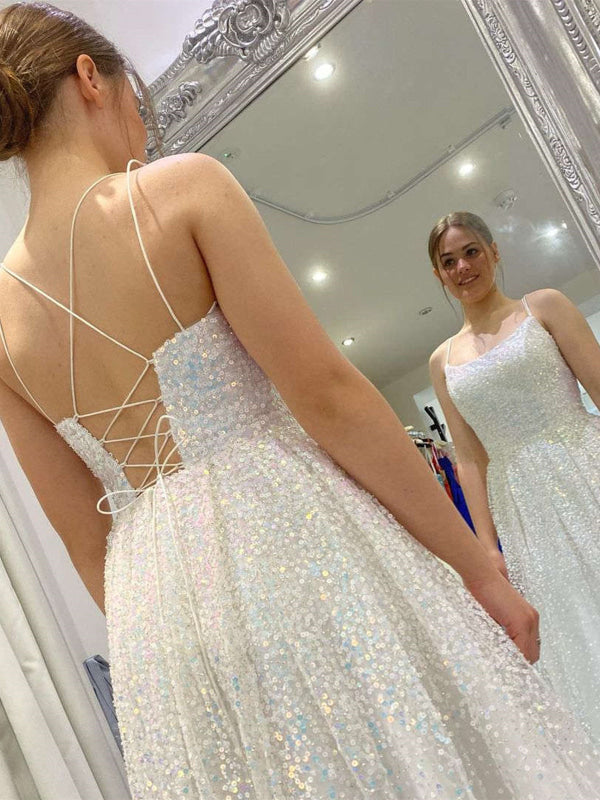 Shiny Sequins Open Back Ivory Long Prom Dresses, Sparkly Ivory Formal Graduation Evening Dresses