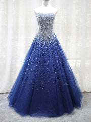 Shiny Sequins Strapless Blue Long Prom Dresses Sparkly Blue Ball Gown