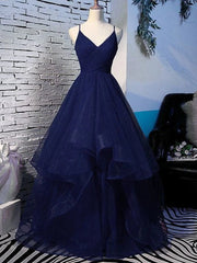 Shiny V Neck Navy Blue Long Ball Gown Prom Dresses Sleeveless Fluffy Formal Evening Dresses