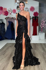 One-Shoulder Sequin-Embroidery Tiered Long Prom Dress with Slit