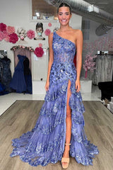 One-Shoulder Sequin-Embroidery Tiered Long Prom Dress with Slit