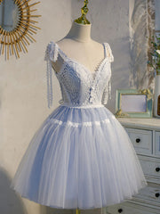 Robes de bal courtes en dentelle bleue, robes de retour formelles en dentelle bleue