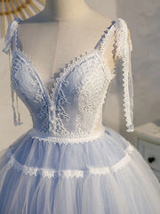 Robes de bal courtes en dentelle bleue, robes de retour formelles en dentelle bleue