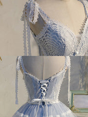 Robes de bal courtes en dentelle bleue, robes de retour formelles en dentelle bleue