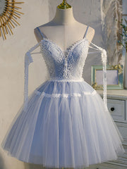 Robes de bal courtes en dentelle bleue, robes de retour formelles en dentelle bleue