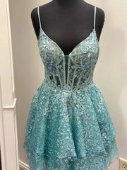 Robes de bal courtes en dentelle bleue, robes de retour formelles en dentelle bleue