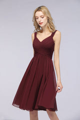 Short Burgundy Bridesmaid Dresses Ruffle Chiffon Knee Length Formal Dress