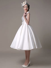 Short Ivory Wedding Dresses Satin Knee Length Bow Sash Retro Bridal Dress