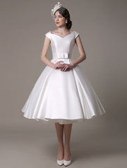 Short Ivory Wedding Dresses Satin Knee Length Bow Sash Retro Bridal Dress