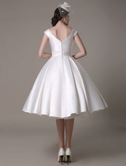 Short Ivory Wedding Dresses Satin Knee Length Bow Sash Retro Bridal Dress