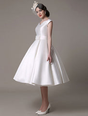 Short Ivory Wedding Dresses Satin Knee Length Bow Sash Retro Bridal Dress
