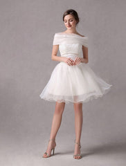 Short Ivory strapless A-Line Beading Wedding Dress For Bride