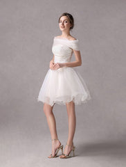 Short Ivory strapless A-Line Beading Wedding Dress For Bride